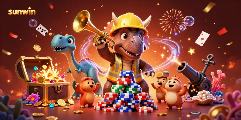 Witness the sunwin celebration with animated characters building poker chip pyramids in a vibrant casino scene.