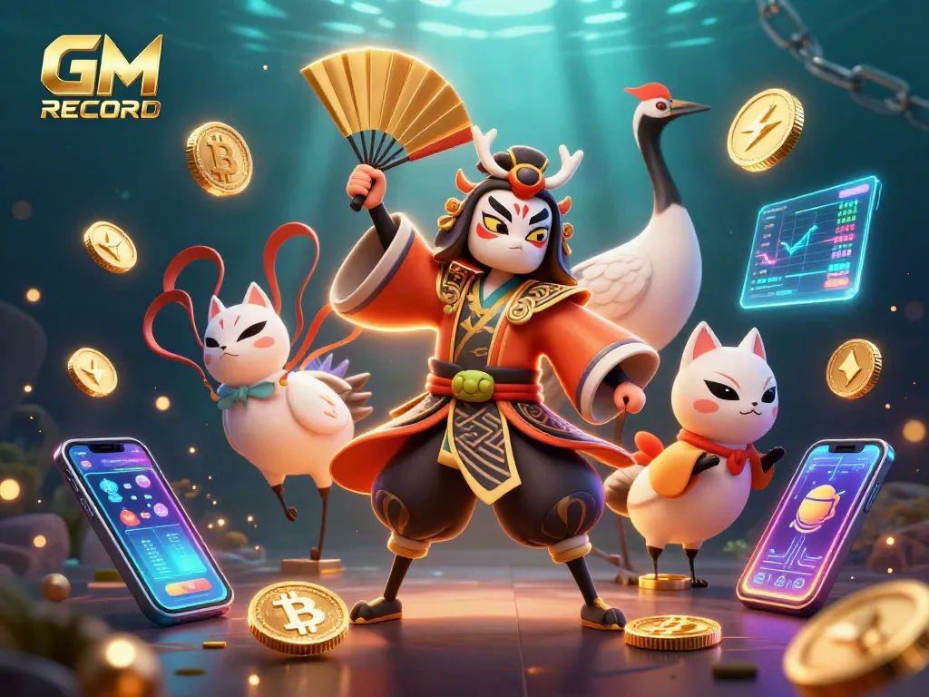 Engage in thrilling gameplay with GM RECORD's vibrant 3D casino illustration filled with cryptocurrency elements.
