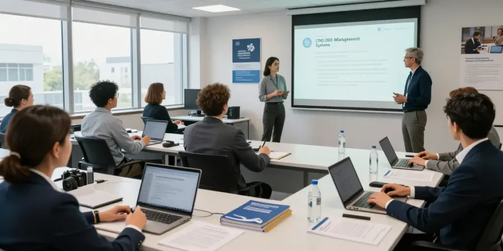 ISO 9001 Lead Auditor Course participants learning in a modern classroom with an engaging instructor.