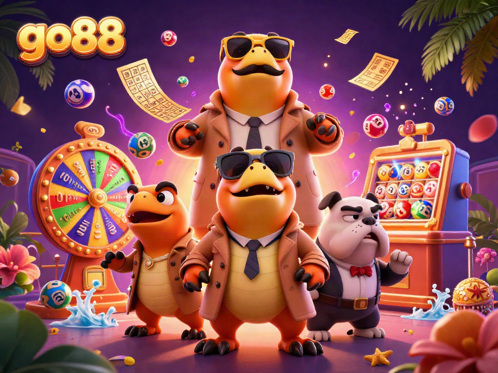 Experience exciting gameplay at go88 with vibrant lottery elements and cartoon characters in a whimsical casino setting.