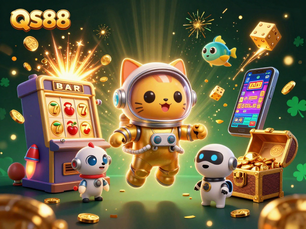 Experience exciting casino adventures at QS88 with our astronaut cat and robot dog in this vibrant illustration.