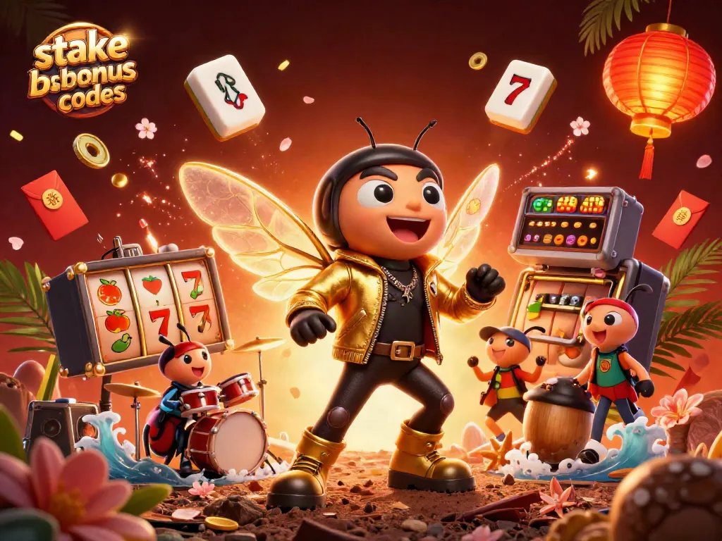 Experience winning with stake us bonus codes in a vibrant casino-themed illustration featuring dynamic characters and elements.