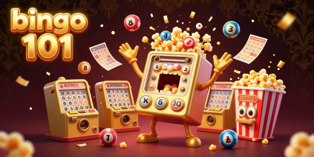 Permainan bingo 101 yang seru terlihat dengan mesin bingo kartun dan efek pesta koin yang semarak.
