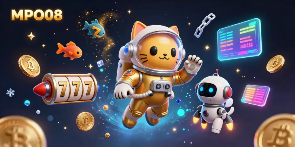 MPO08 offers a thrilling online gambling experience with floating slot machines and vibrant cryptocurrency elements.