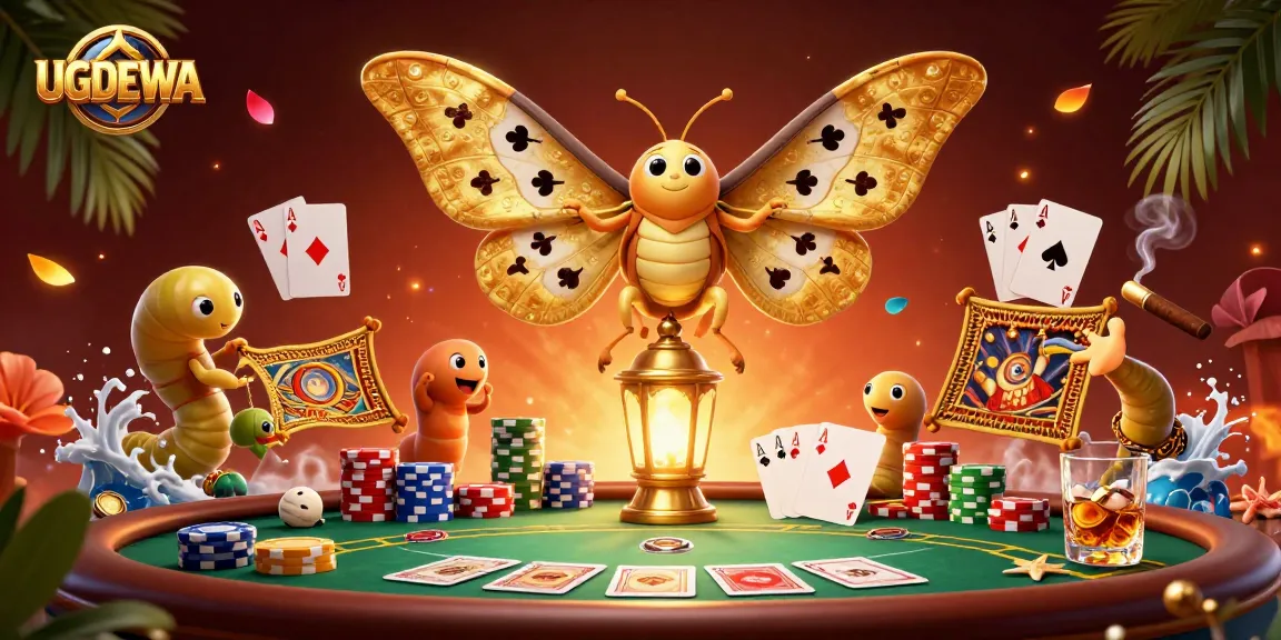Experience the vibrant UGDEWA casino scene featuring a majestic atlas moth with poker elements.