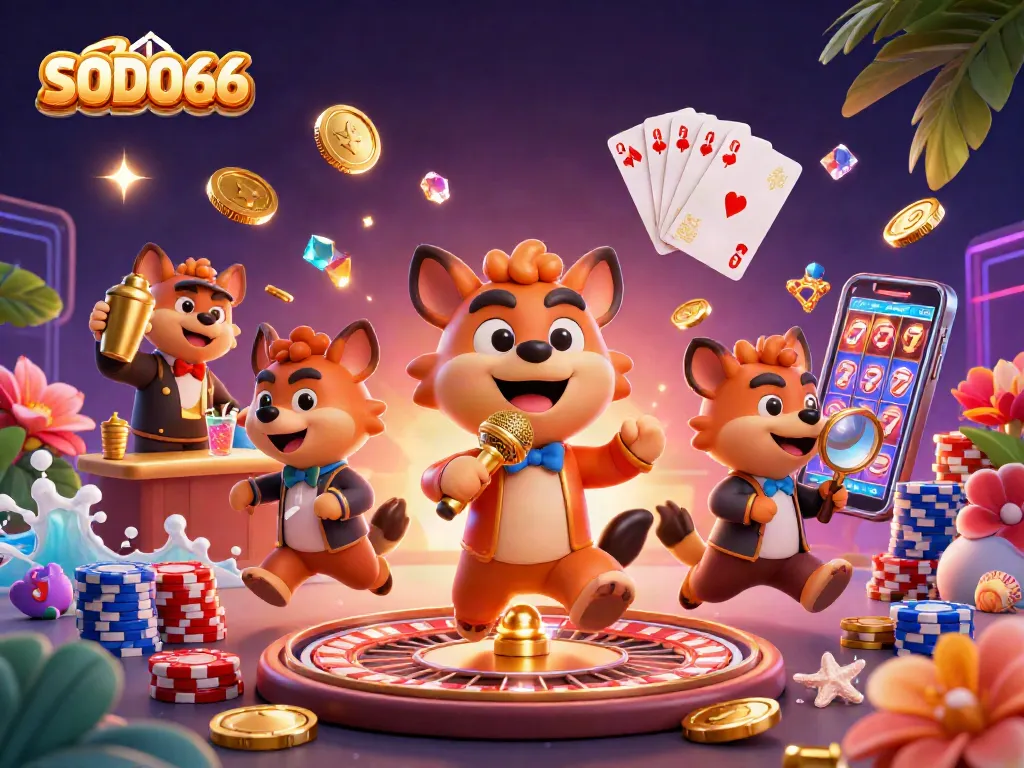 Experience vibrant gaming with SODO66 at a cartoon casino featuring hyena entertainers.