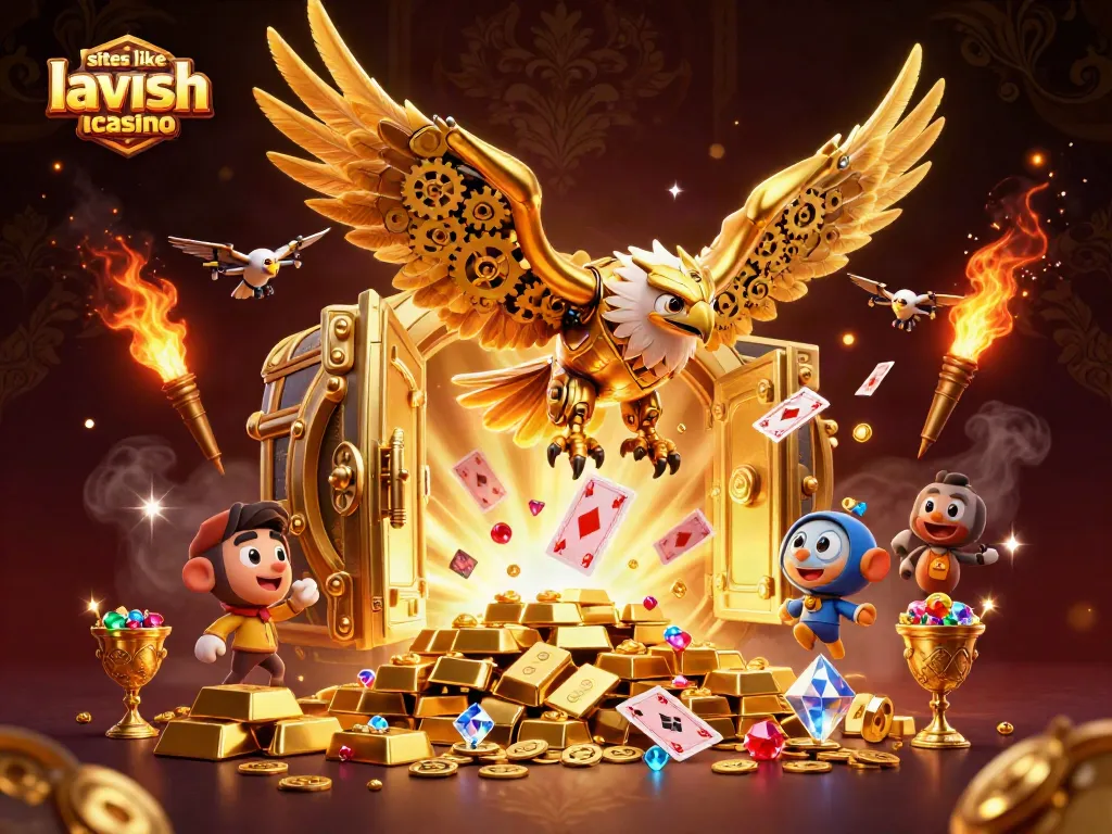 Experience excitement with sites like lavish luck casino, featuring a dazzling 3D scene of an eagle amidst treasures.