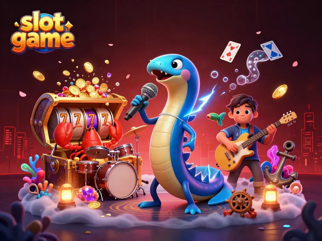 Gambar slot game dengan karakter unik seperti belut DJ, udang lobster, dan kuda laut dalam panggung kasino bawah laut.