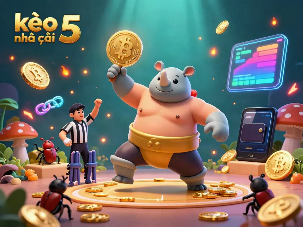 Experience the thrilling energy of kèo nhà cái 5 with a rhinoceros beetle sumo champion scattering coins in a vibrant crypto casino.