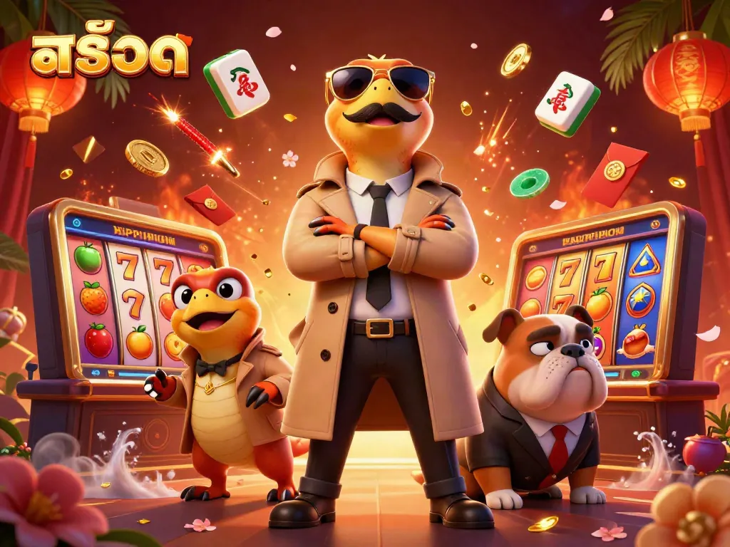 Three raptors disguised in a trench coat entering a casino VIP section, surrounded by สล็อต elements.