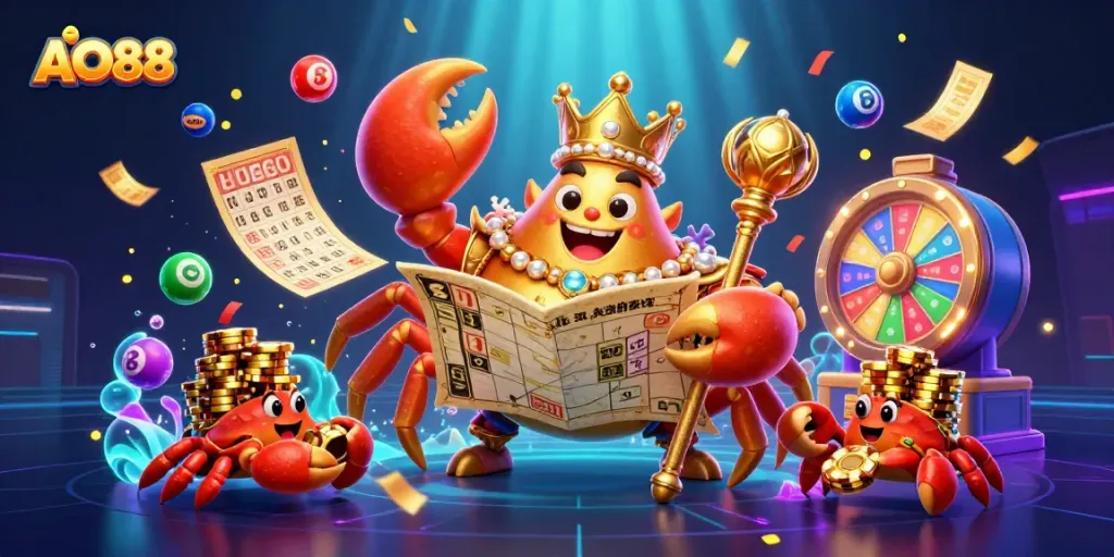 Engage in thrilling casino games at AO88 with a vibrant underwater scene featuring a golden crab emperor.