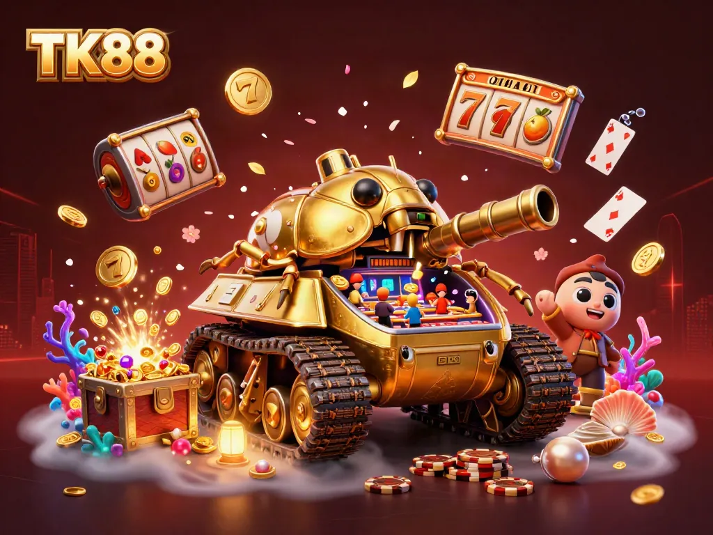 Engage with TK88's vibrant casino world featuring a golden beetle tank bursting with slot action.