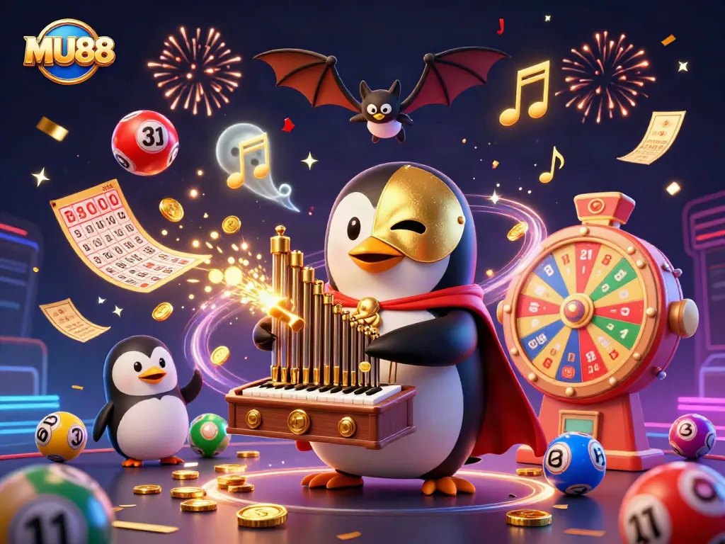 Engage with MU88's vibrant gaming scene featuring a whimsical penguin and lottery elements.