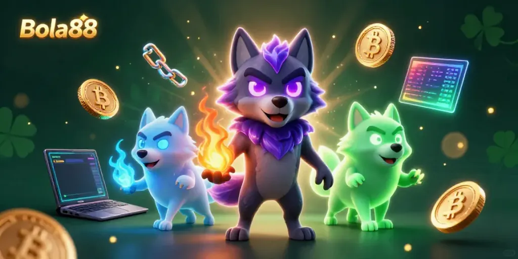 Engage with the vibrant experience of Bola88 featuring spectral wolves and dynamic crypto elements.