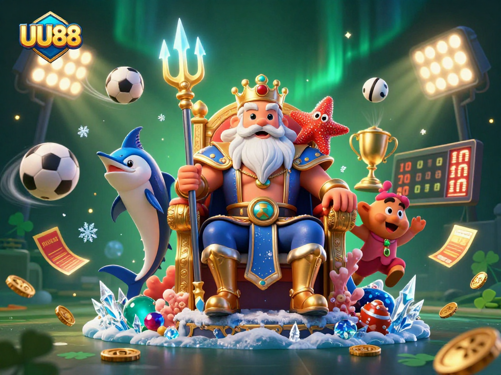 Bet on exciting games with UU88, featuring Neptune, sports balls, and dazzling elements.