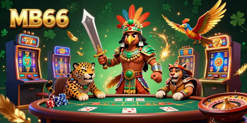 Experience the thrilling atmosphere of MB66 with an Aztec warrior amidst casino games and golden elements.