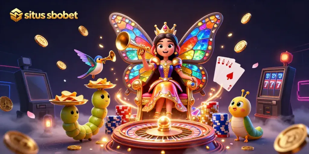 Experience the vibrant world of situs sbobet with a dazzling digital illustration of a butterfly queen surrounded by casino elements.