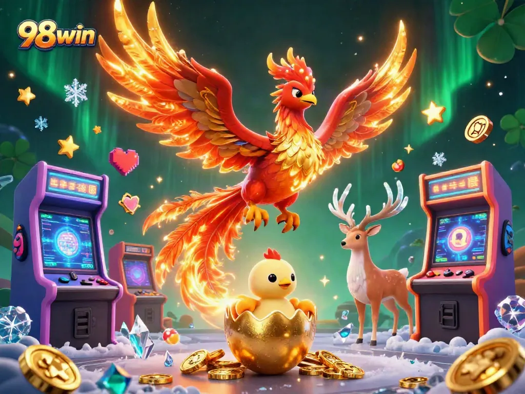 Experience thrilling gameplay at 98win with fire phoenix and mystical stag amid vibrant casino elements.
