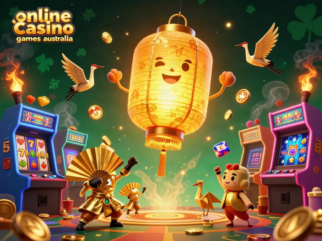 Experience thrilling online casino games Australia with vibrant slot reels and dynamic characters.