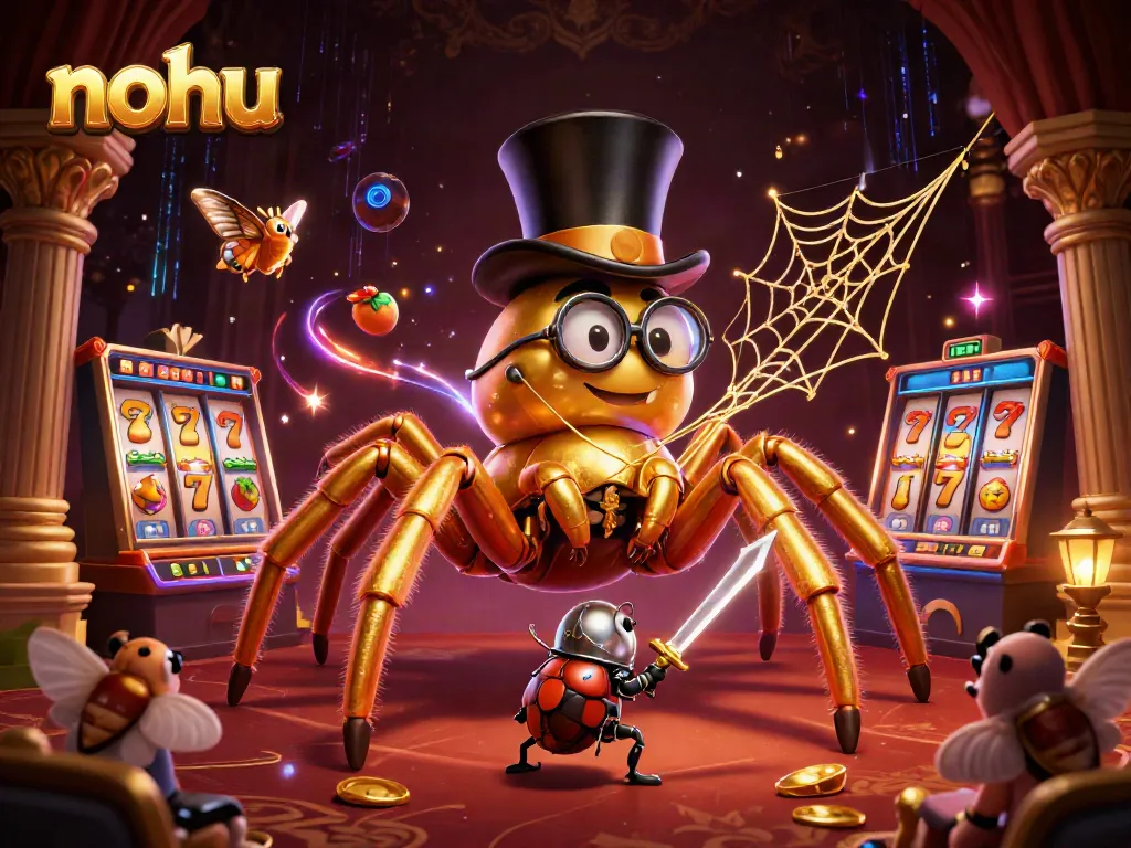 Experience thrilling jackpot excitement at nohu with a serene tarantula weaving gold in a vibrant casino.