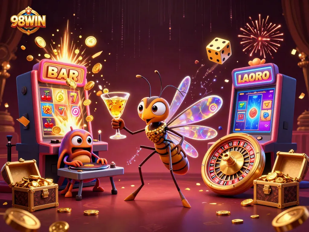 Experience the excitement of 98WIN as a frozen mosquito mascot and trilobite DJ bring casino vibes alive.