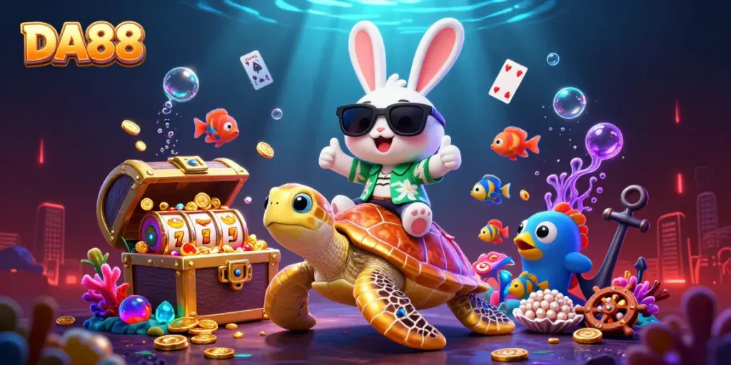 Win big with DA88 in vibrant 3D casino illustration featuring lucky rabbit and golden turtle.