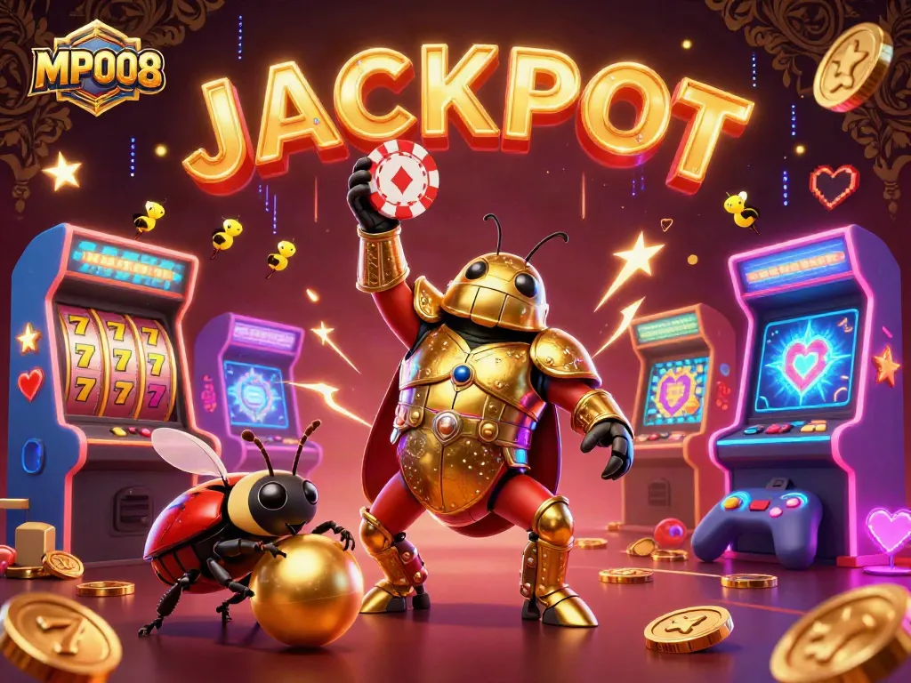 MPO08 jackpot celebration with a hercules beetle, vibrant slot reels, and dazzling casino visuals.