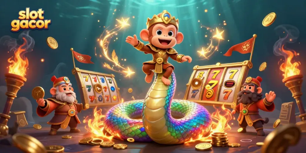 Nikmati permainan slot gacor dengan tampilan yang cerah dan iridescent, menampilkan raja monyet dan koin emas.