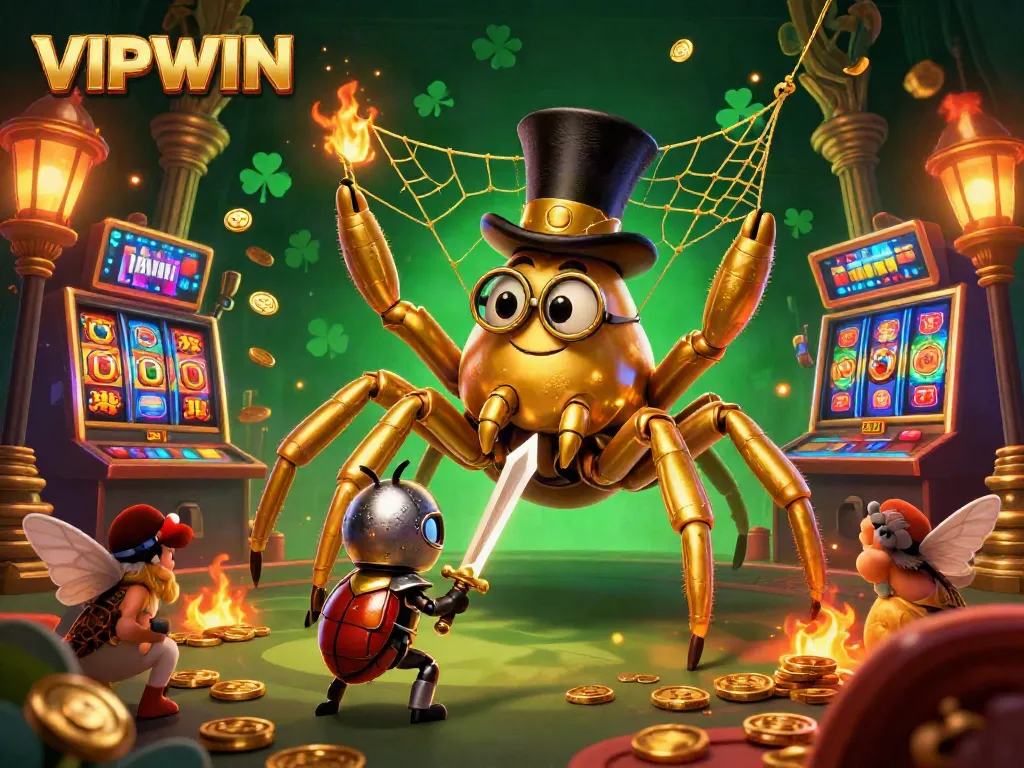 Engage with VIPWIN's vibrant casino experience featuring a golden tarantula and a beetle knight in a dynamic slot machine scene.