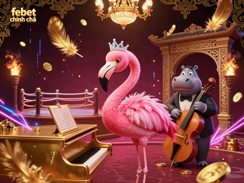 Experience the excitement of febet chính chủ with a vibrant casino scene featuring a flamingo singer and hippo bassist.