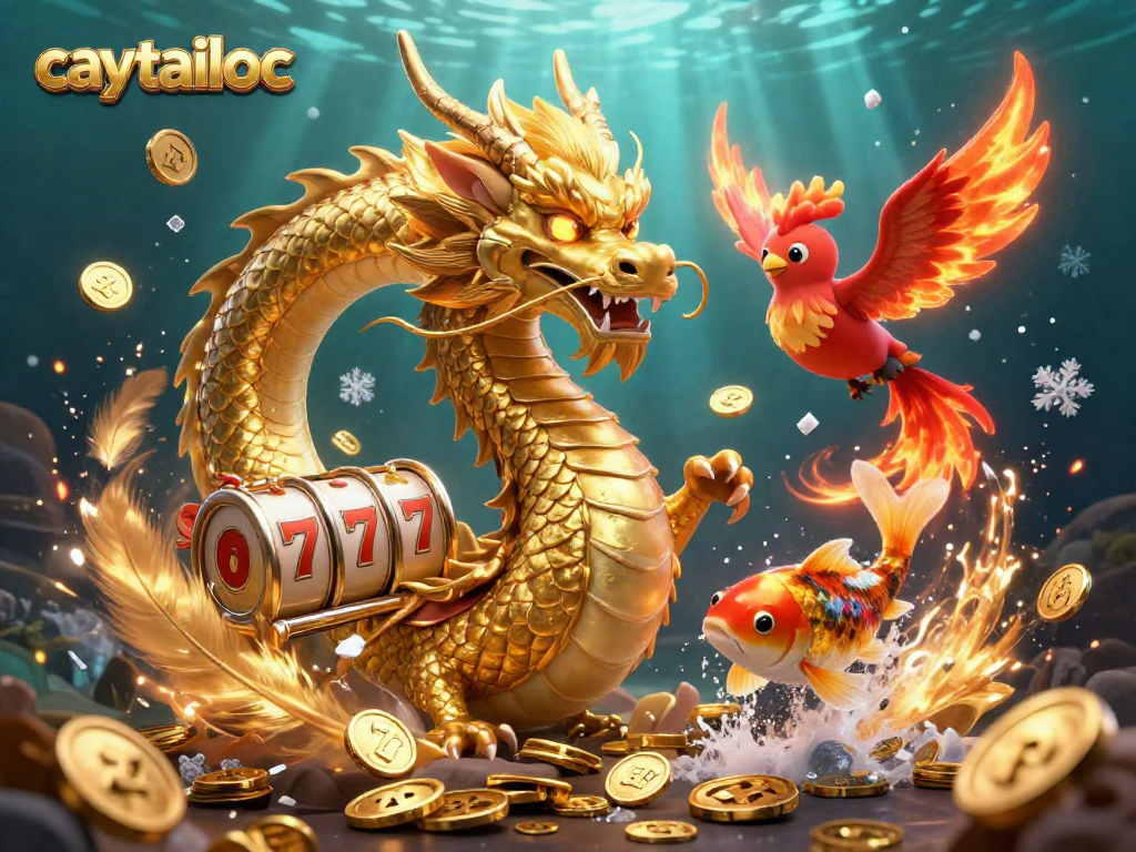 Engage with caytailoc as the fierce dragon and phoenix soar through a vibrant casino backdrop.