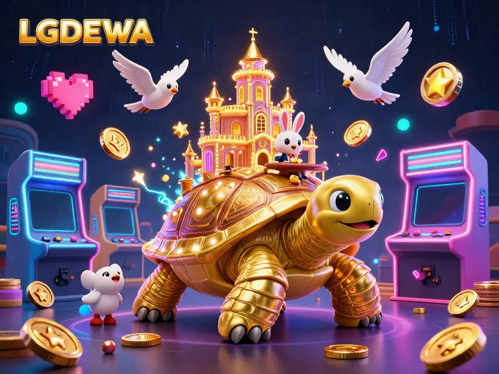 Experience fun at LGODEWA with a golden tortoise casino in a vibrant 3D illustration