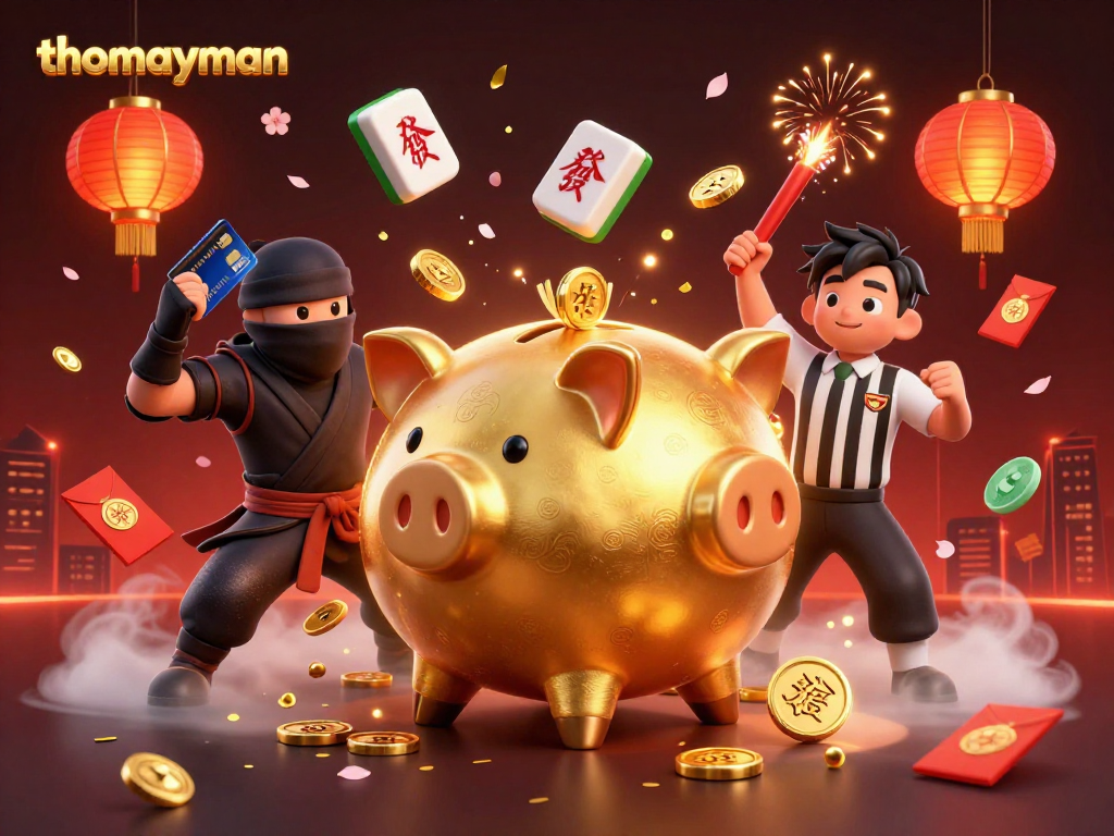Engage with thomayman as a dynamic golden piggy bank sumo wrestler celebrates jackpots amidst exploding coins and festive elements.