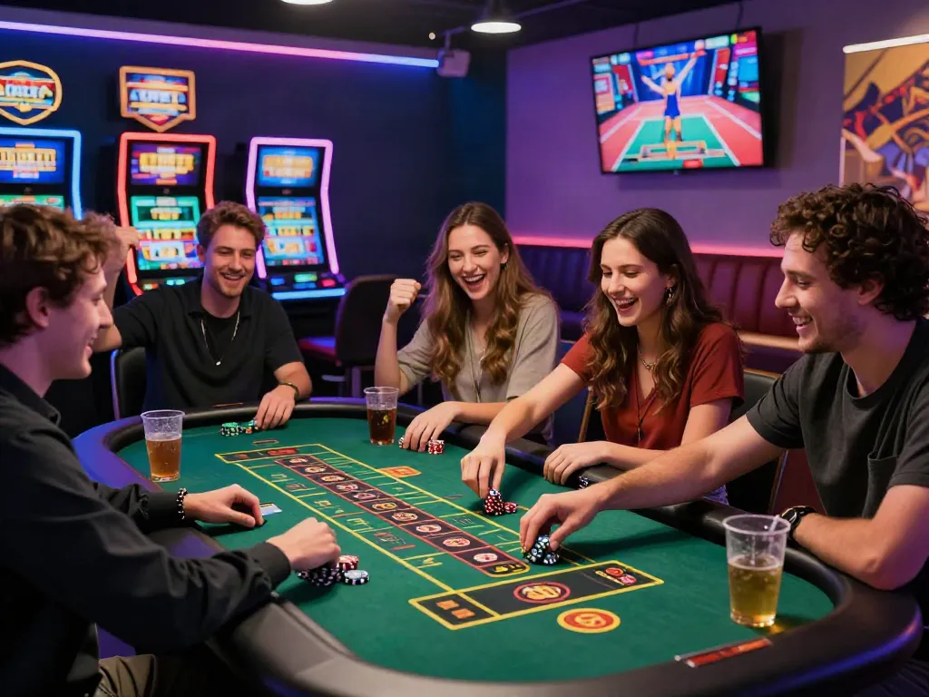 Engaging scene at a gaming night in credit card casinos with friends enjoying games and placing bets
