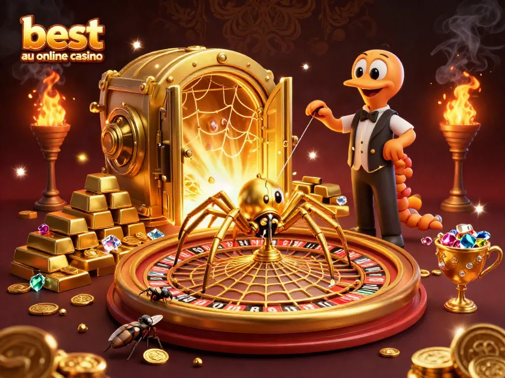 A 3D golden spider spins a roulette wheel web, symbolizing the best au online casino experience.