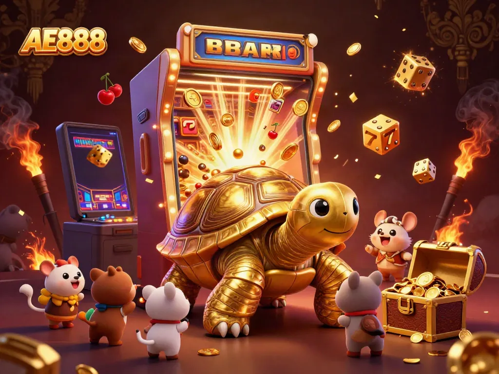 Experience the excitement of AE888 casino games with dynamic golden tortoise, lively slot machine, and treasures.