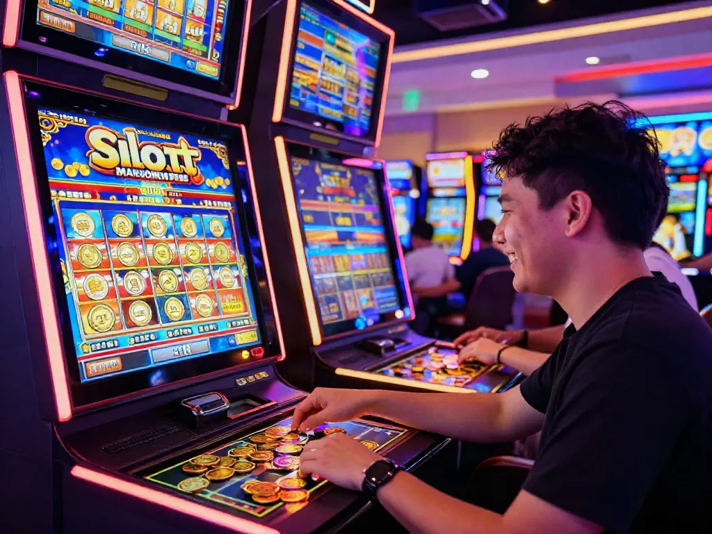 Player enjoying Slot MAHJONGJP88 at a vibrant casino with excitement.