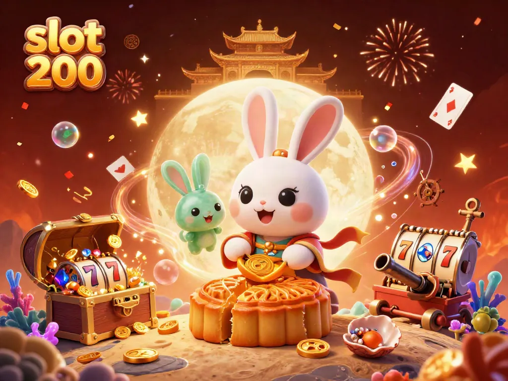 Experience thrilling fun with slot 200 as a vibrant moon rabbit celebrates jackpots amidst floating cards and colorful gems.