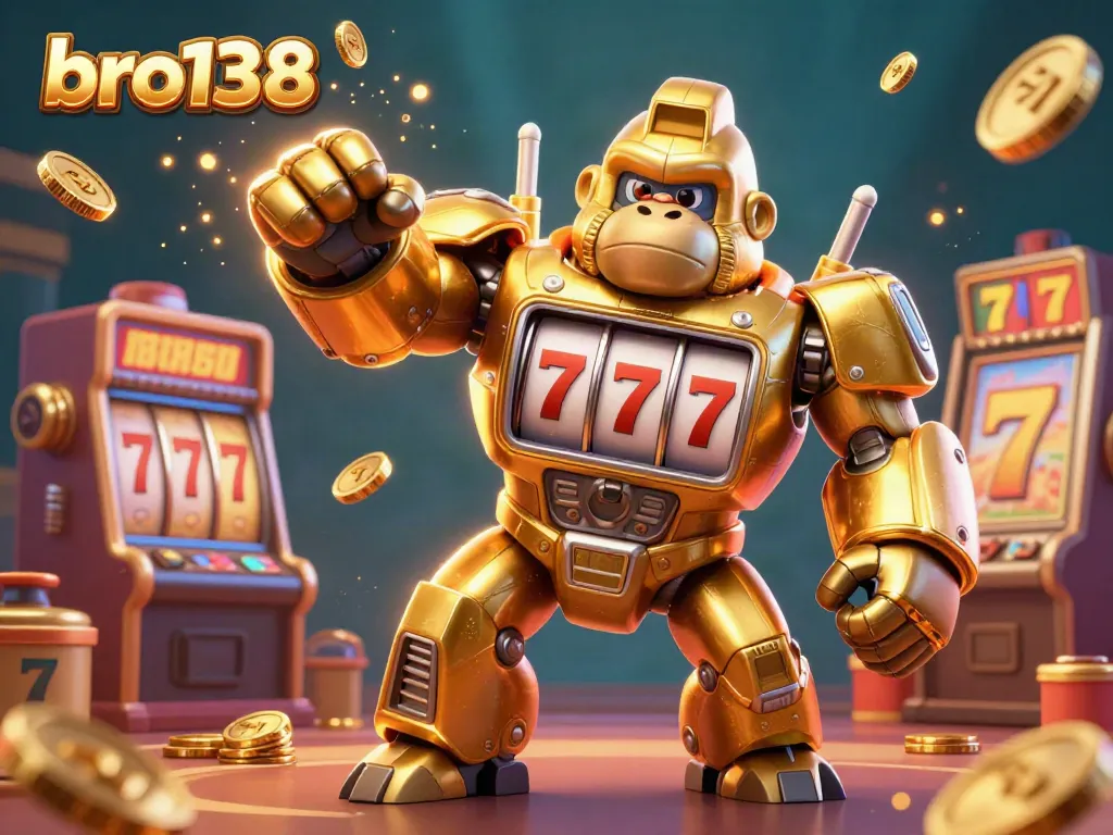 Experience thrilling slots at bro138 with the golden gorilla mech amidst flying coins and sparkling rewards.
