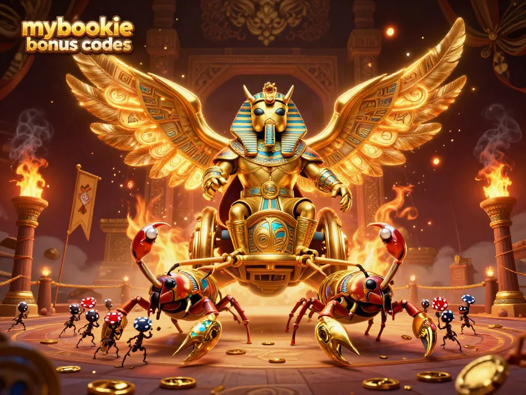 Bet big with mybookie bonus codes featuring a golden beetle and scorpions in a dynamic casino scene
