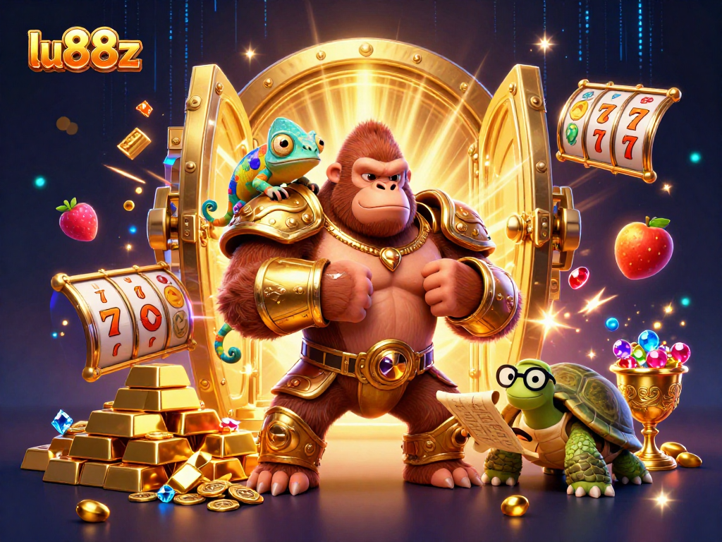 lu88z showcases a vibrant casino scene with a gorilla king and friends celebrating jackpots amidst glowing treasures.