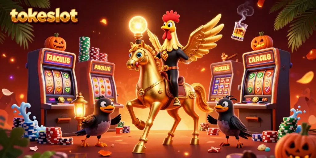 Experience the thrilling atmosphere of tokeslot with a vibrant casino scene featuring unique characters and elements.