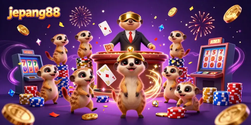 Engage with a vibrant casino scene featuring jepang88’s meerkat characters enjoying games and celebrations.