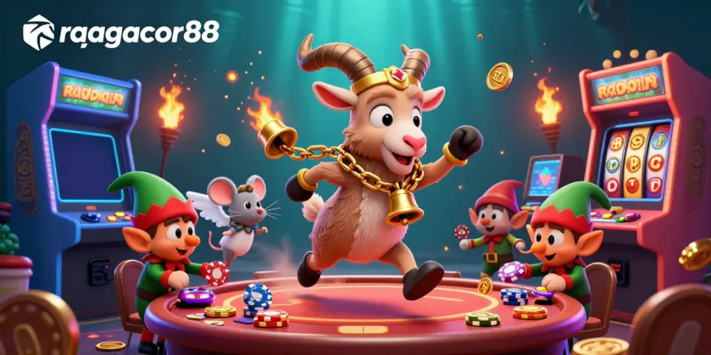 Experience the excitement with rajagacor88 as a festive Krampus goat leads a lively casino scene.