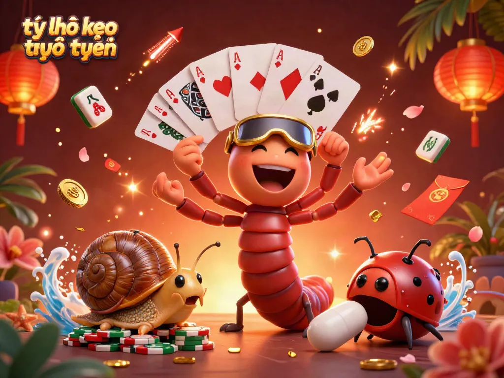 Engage in tỷ lệ kèo trực tuyến with an exciting scene featuring a playful dealer, vibrant casino elements, and festive decorations.