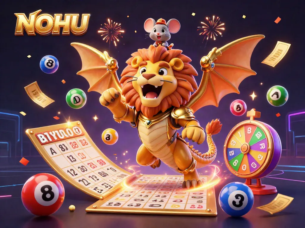 Experience the thrill of NOHU with colorful lottery balls, golden tickets, and a roaring chimera in a dynamic casino scene.