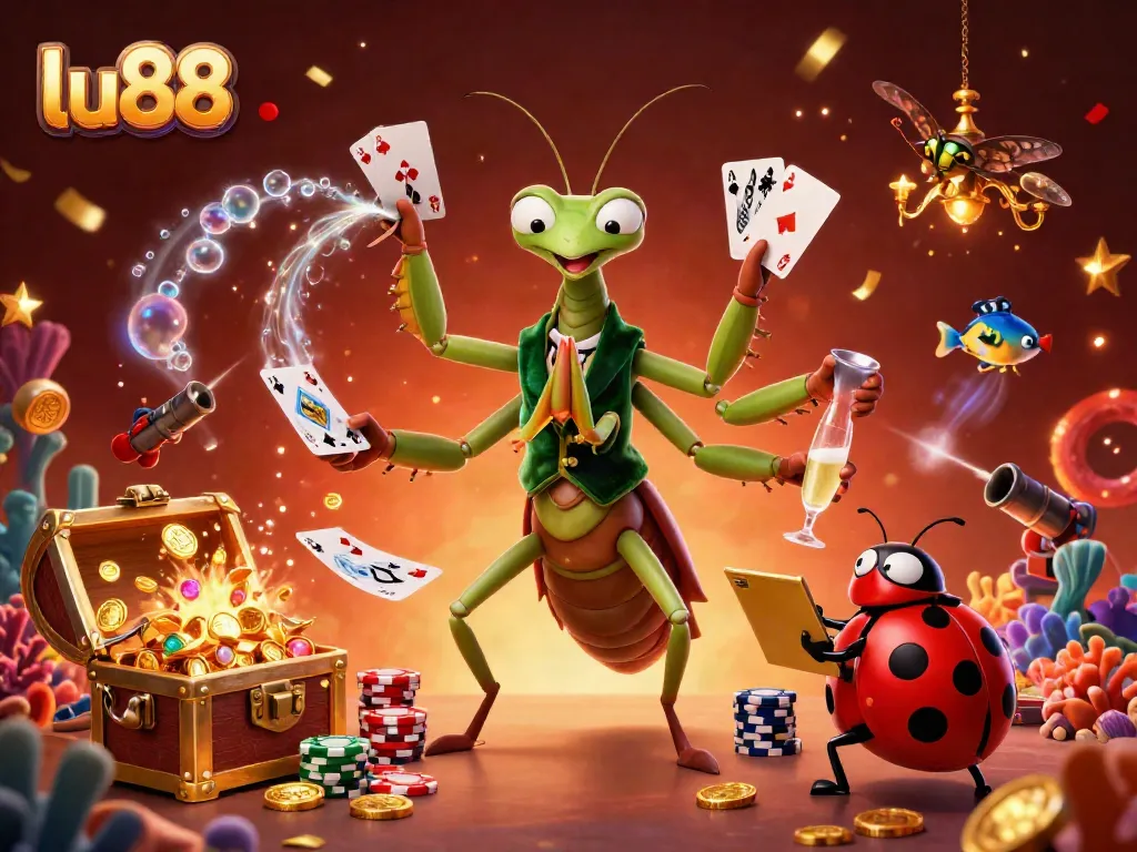 lu88 casino scene featuring a mantis dealer and ladybug pit boss amidst floating playing cards and gold coins.