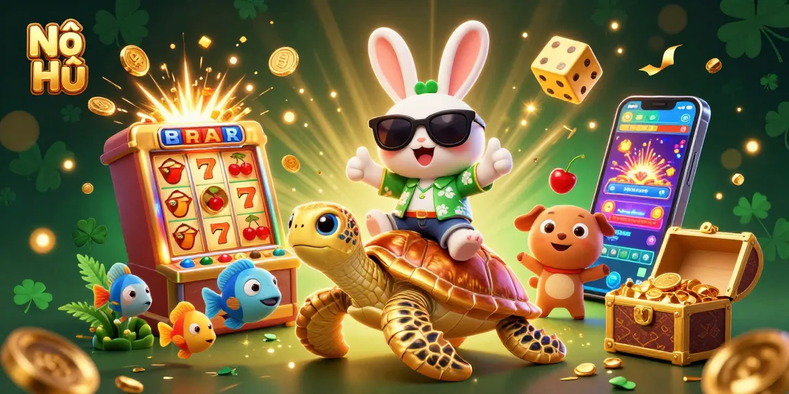 Nổ Hũ jackpot scene featuring a lucky rabbit and a turtle amidst spinning slot machines and vibrant casino elements.