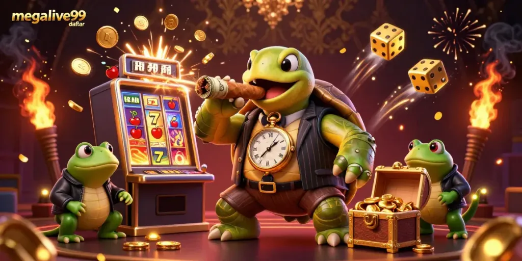 Gambarlah karakter megalive99 daftar yang beraksi dalam ilustrasi kasino penuh warna dan semarak.