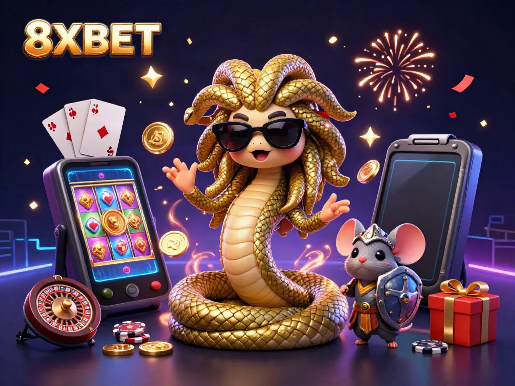 Experience the vibrant world of 8XBET with a lively digital casino scene featuring Medusa and a warrior mouse.